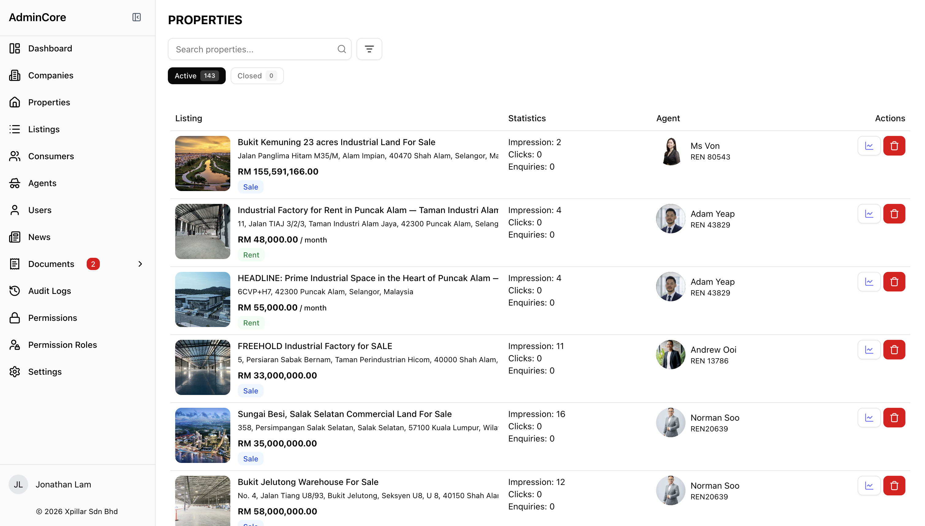 Xpillar Admin Portal: property list